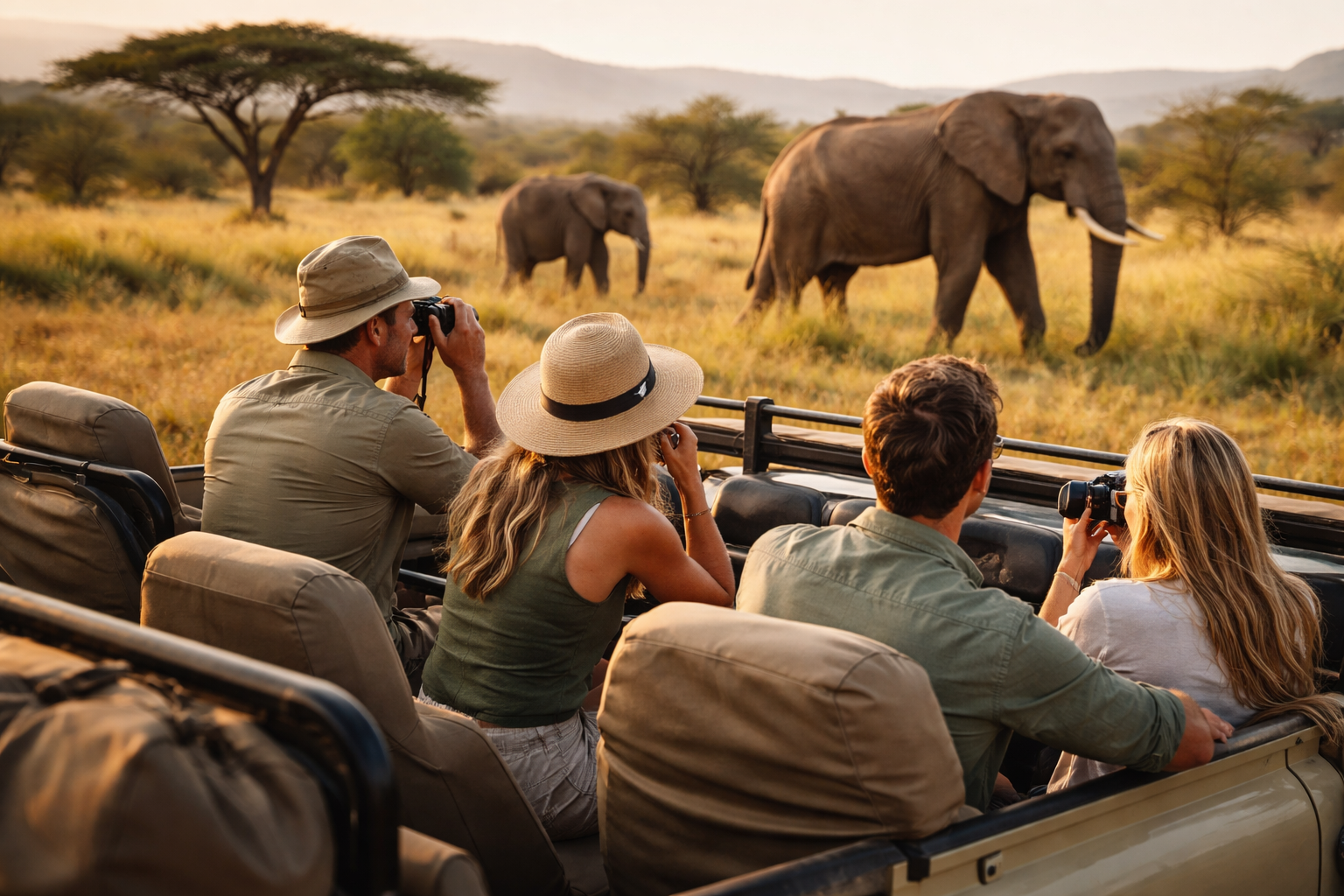 Guests photographing elephants from an open safari vehicle at sunset