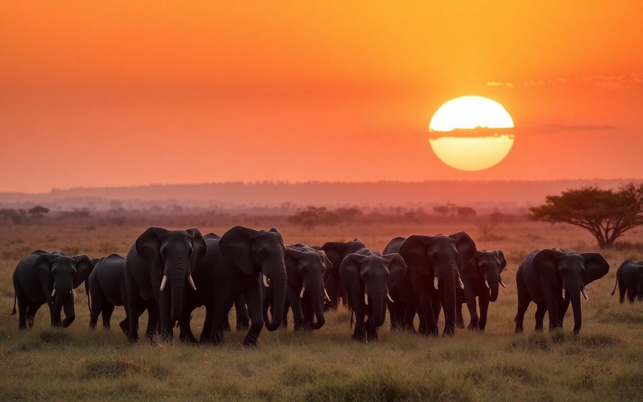 Elephants at sunset